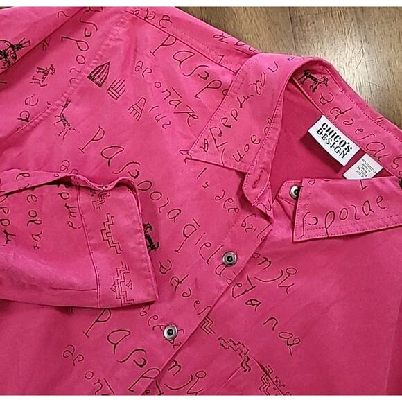 Chico’s Pink Ultrasuede Shacket Jacket Native Print Hieroglyph Sz 2 L EUC - Picture 1 of 7